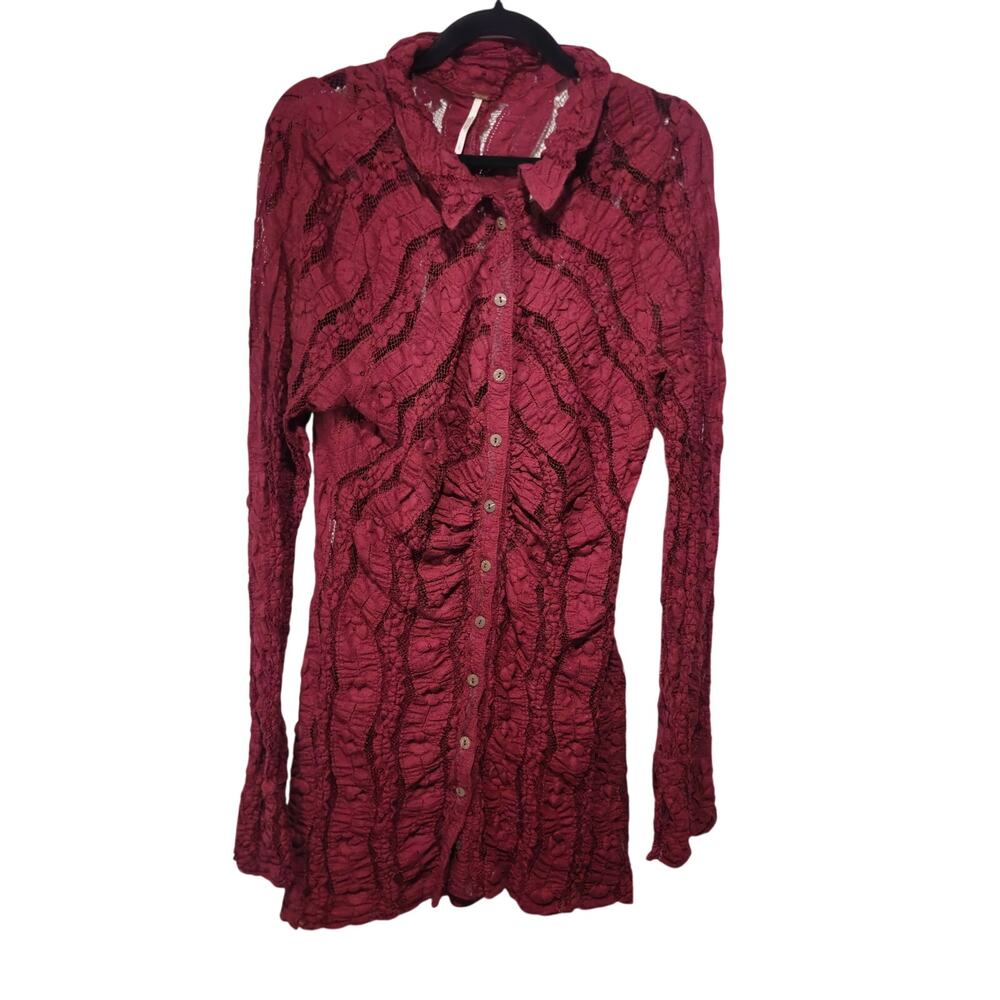 Free People SZ Large Maroon Button Front Lace Mini Collared Dress Solid Slip